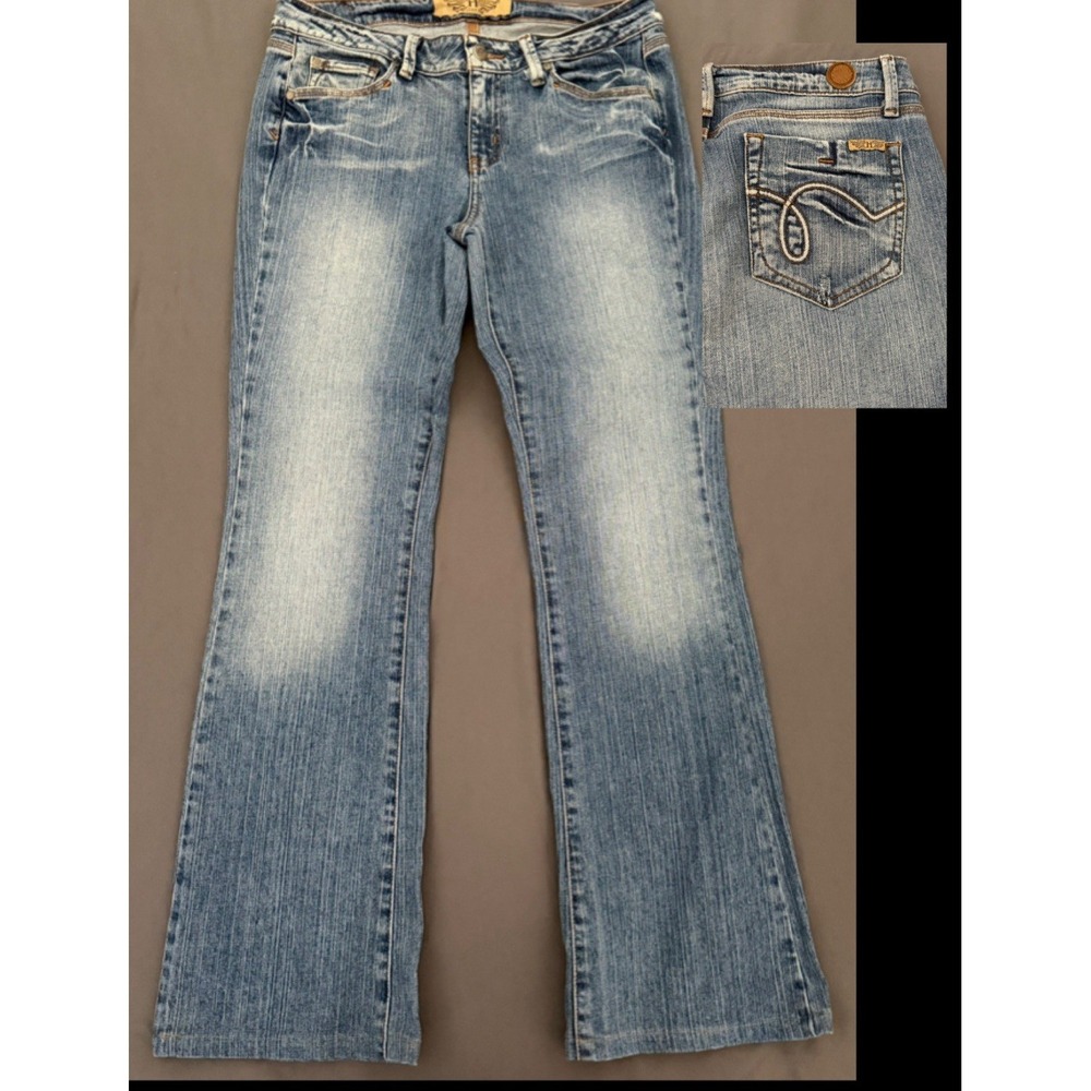Hint Jeans Womens Size 9 Blue Bootcut Flare Embroidered Distresses Denim